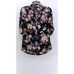 SIREN LILY Women's Navy Floral Mesh Button-Up Long Sleeve Top SZ S